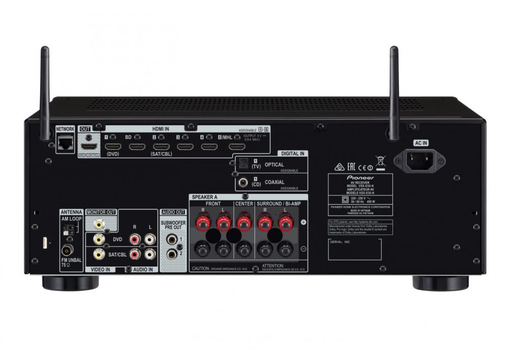 VSX-830-K 5.2-Channel AV Receiver with Ultra HD 4K Pass Through, Hi-Res Audio playback, Dual Subwoofer Preout, Subwoofer EQ, DLNA, AirPlay, Spotify Connect and Built-in Bluetooth (Black)